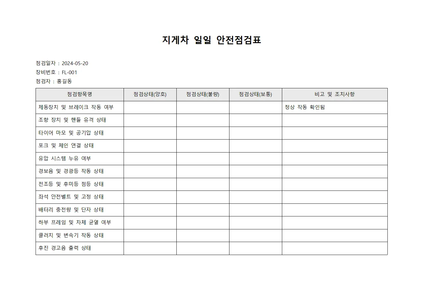 지게차 일일 안전점검표