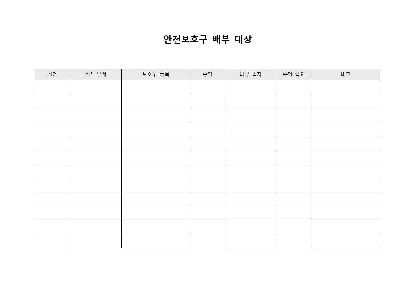 안전보호구 배부 대장