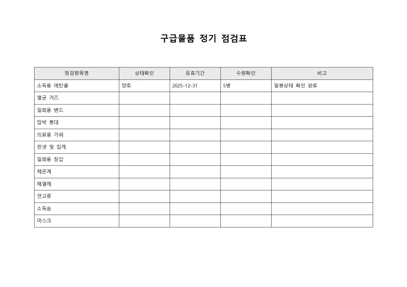 구급물품 정기 점검표