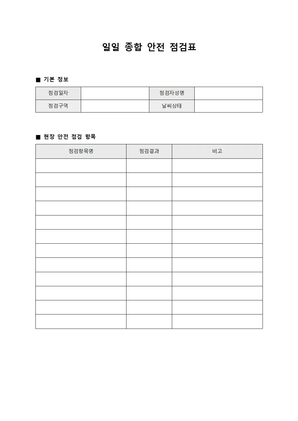 일일 종합 안전 점검표