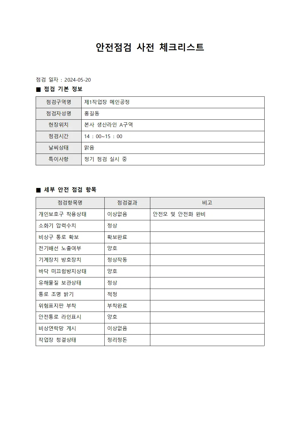 안전점검 사전 체크리스트