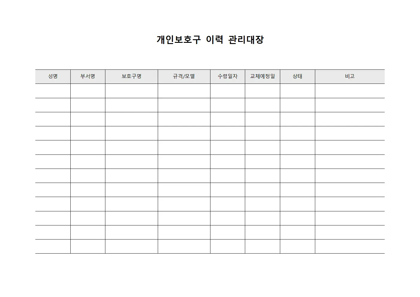 개인보호구 이력 관리대장