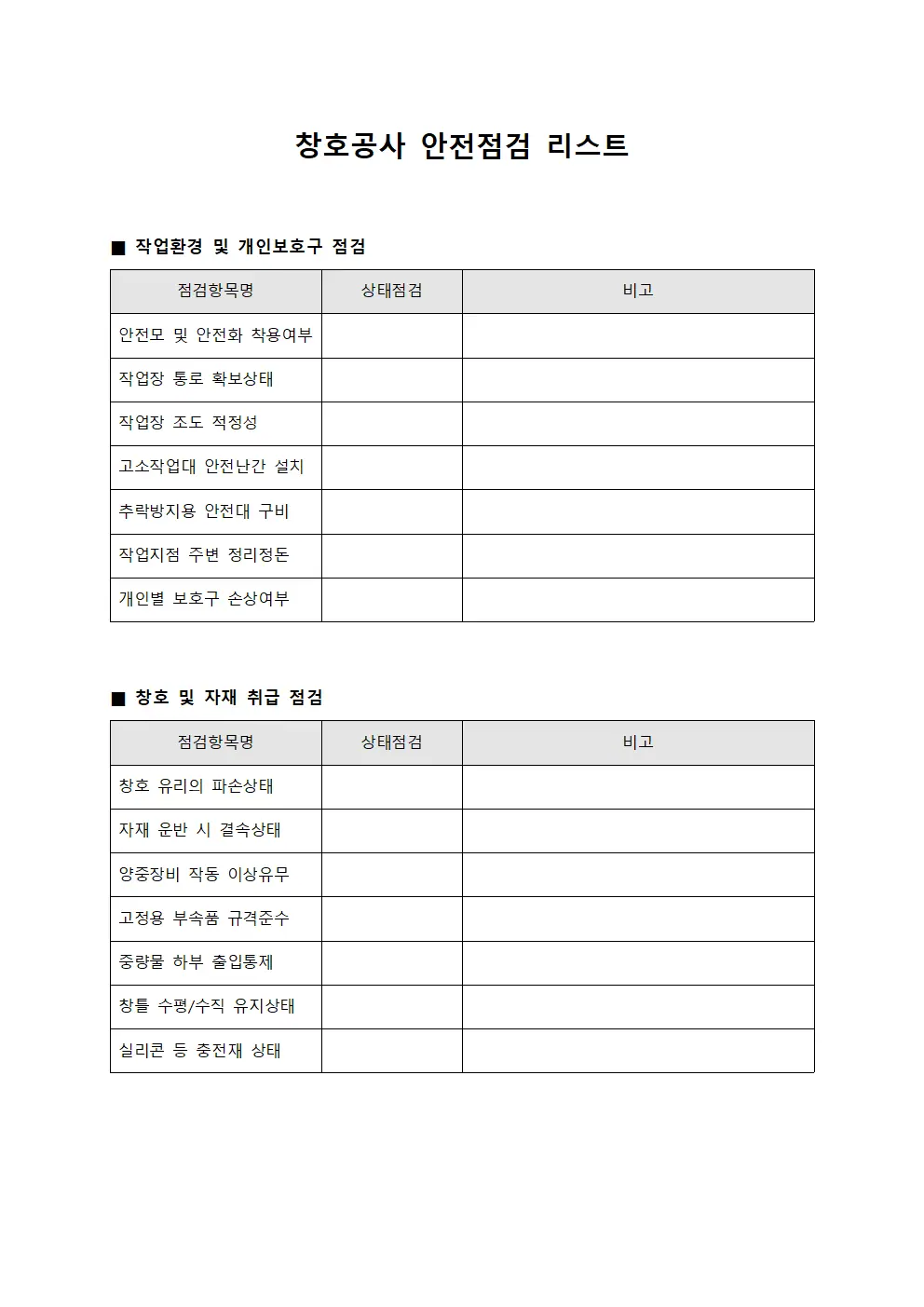 창호공사 안전점검 리스트 템플릿
