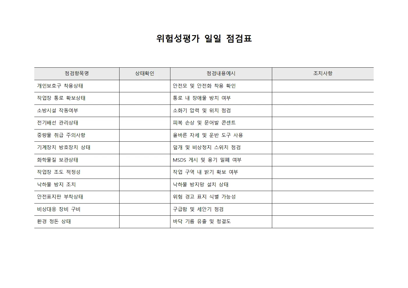 위험성평가 일일 점검표