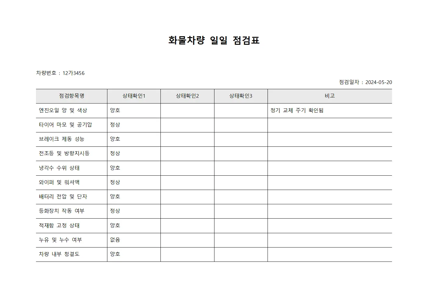 화물차량 일일 점검표 파일양식
