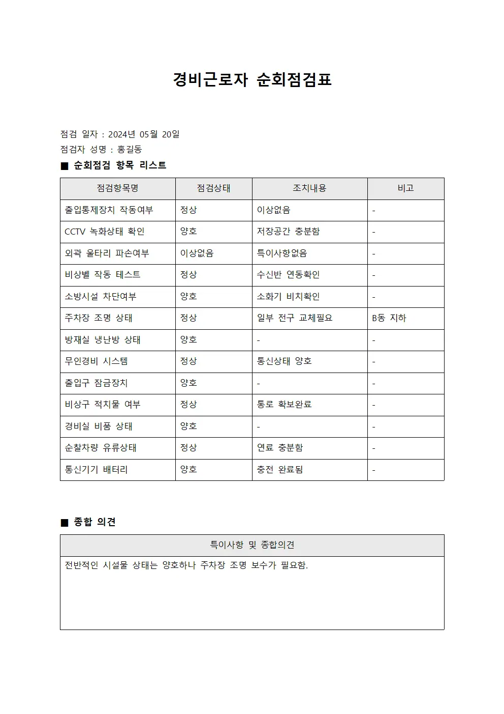 경비근로자 순회점검표
