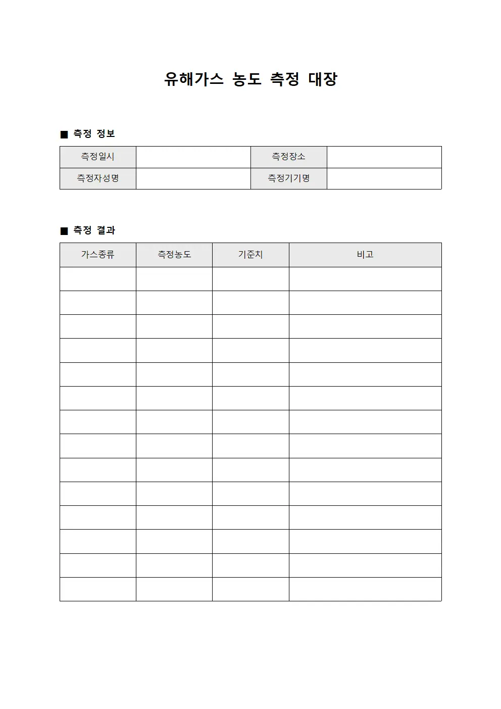 유해가스 농도 측정 대장 문서.양식