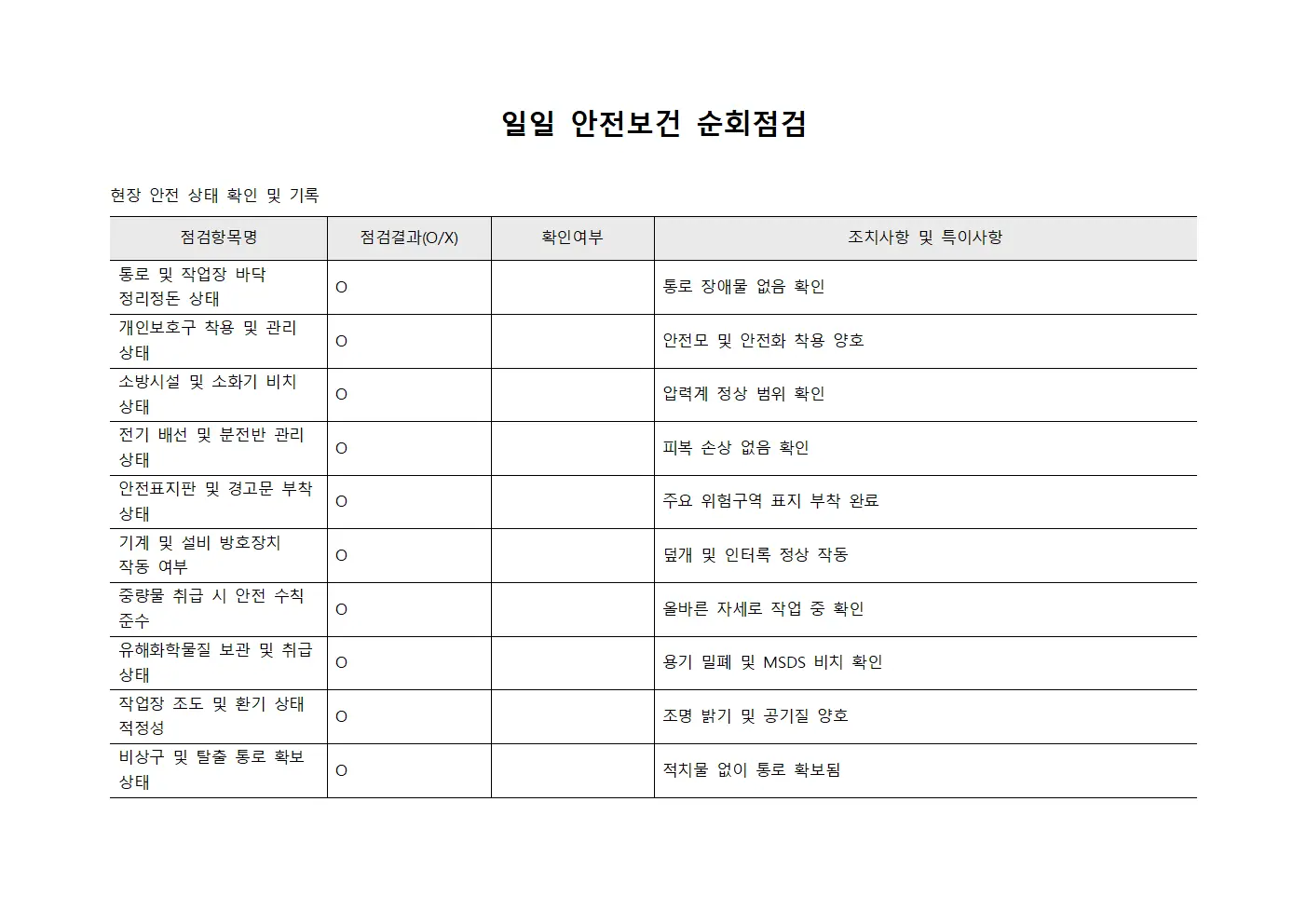 일일 안전보건 순회점검 서식파일