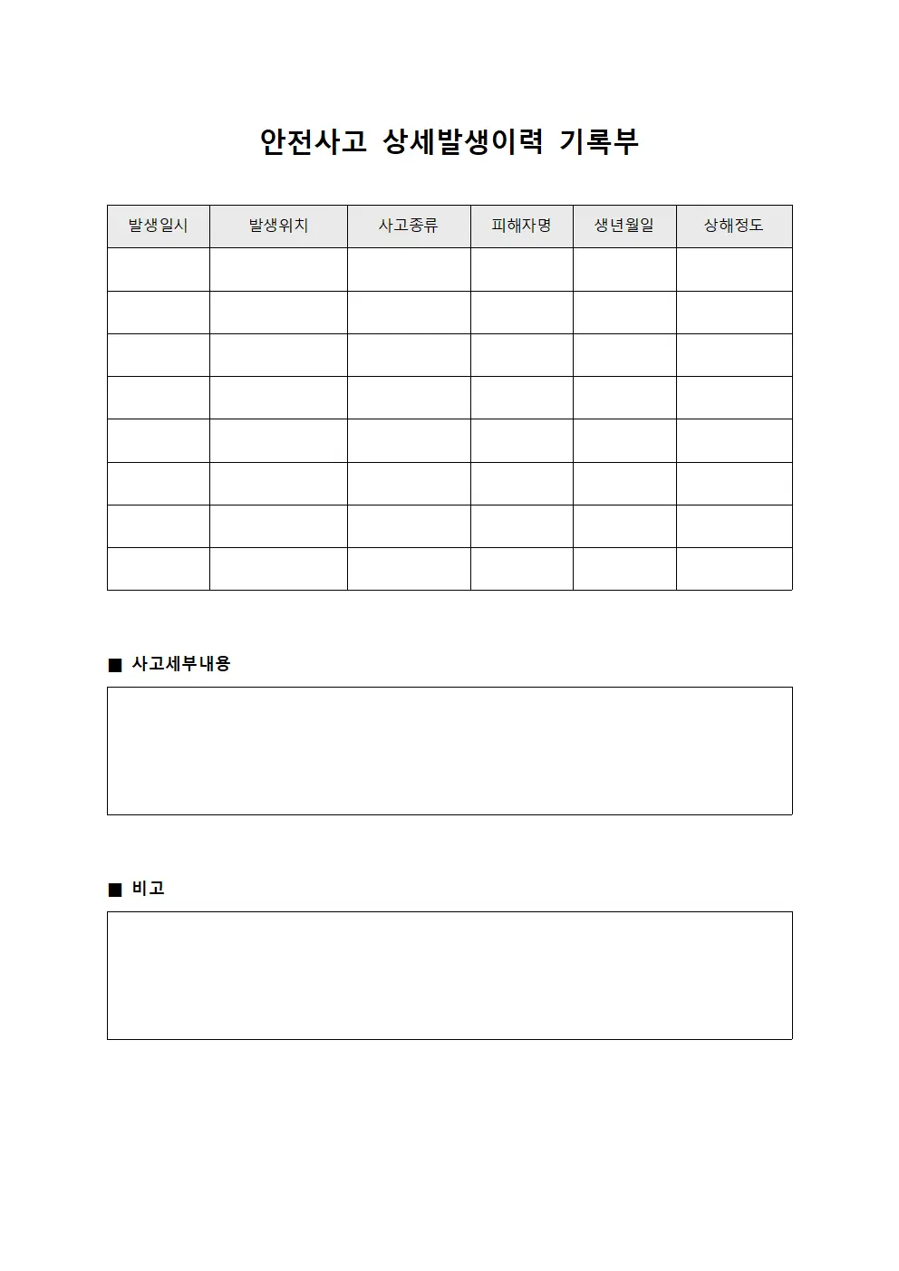 안전사고 상세발생이력 기록부