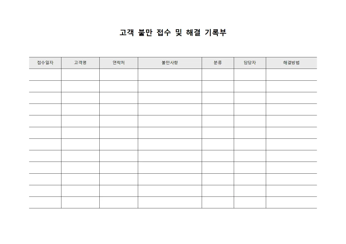 고객 불만 접수 및 해결 기록부 서식