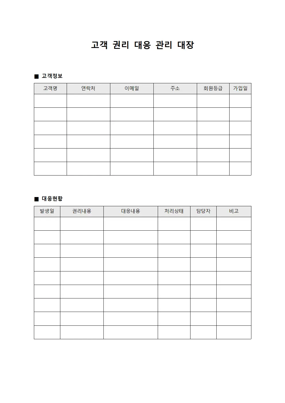 고객 권리 대응 관리 대장