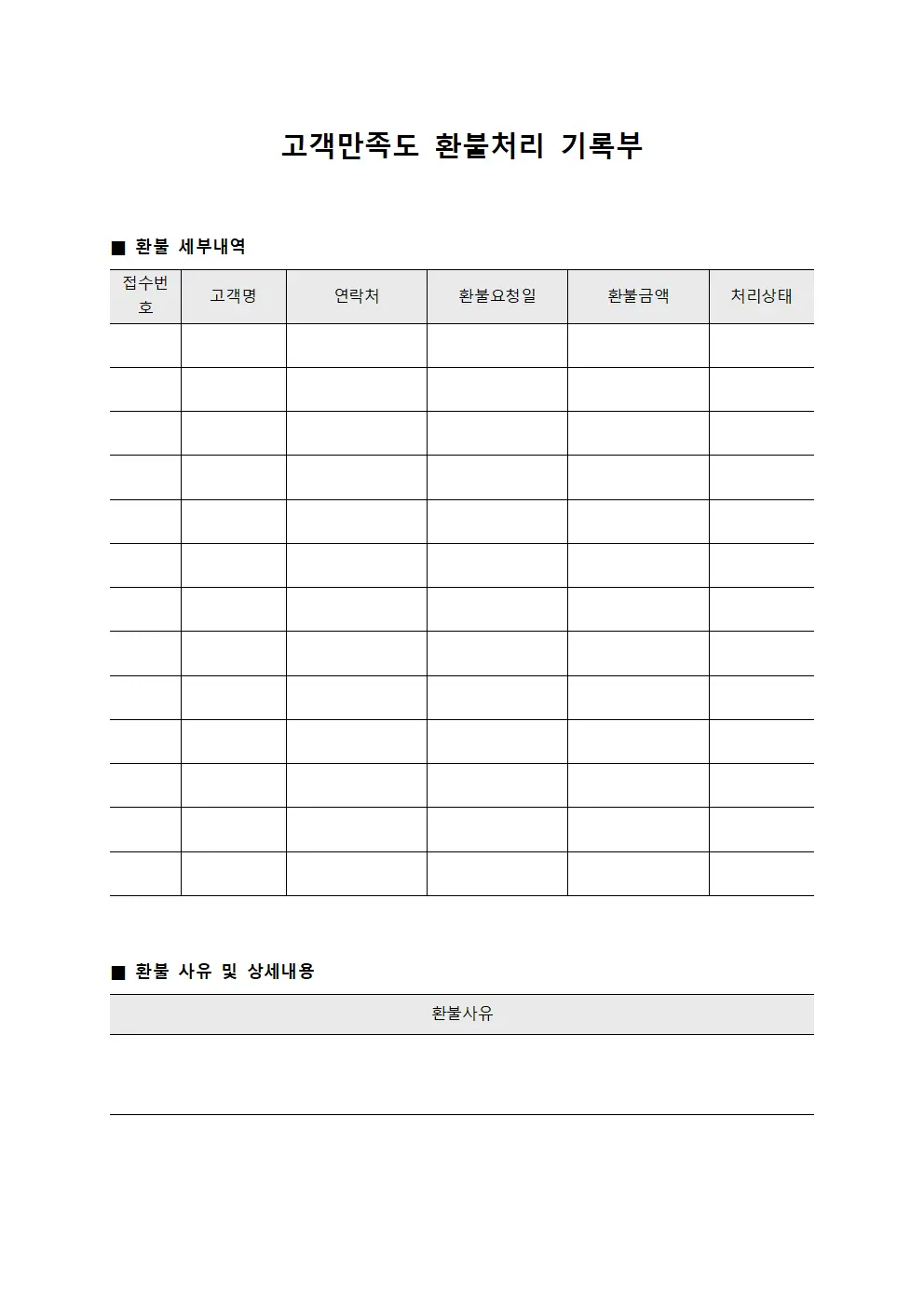 고객만족도 환불처리 기록부 문서양식