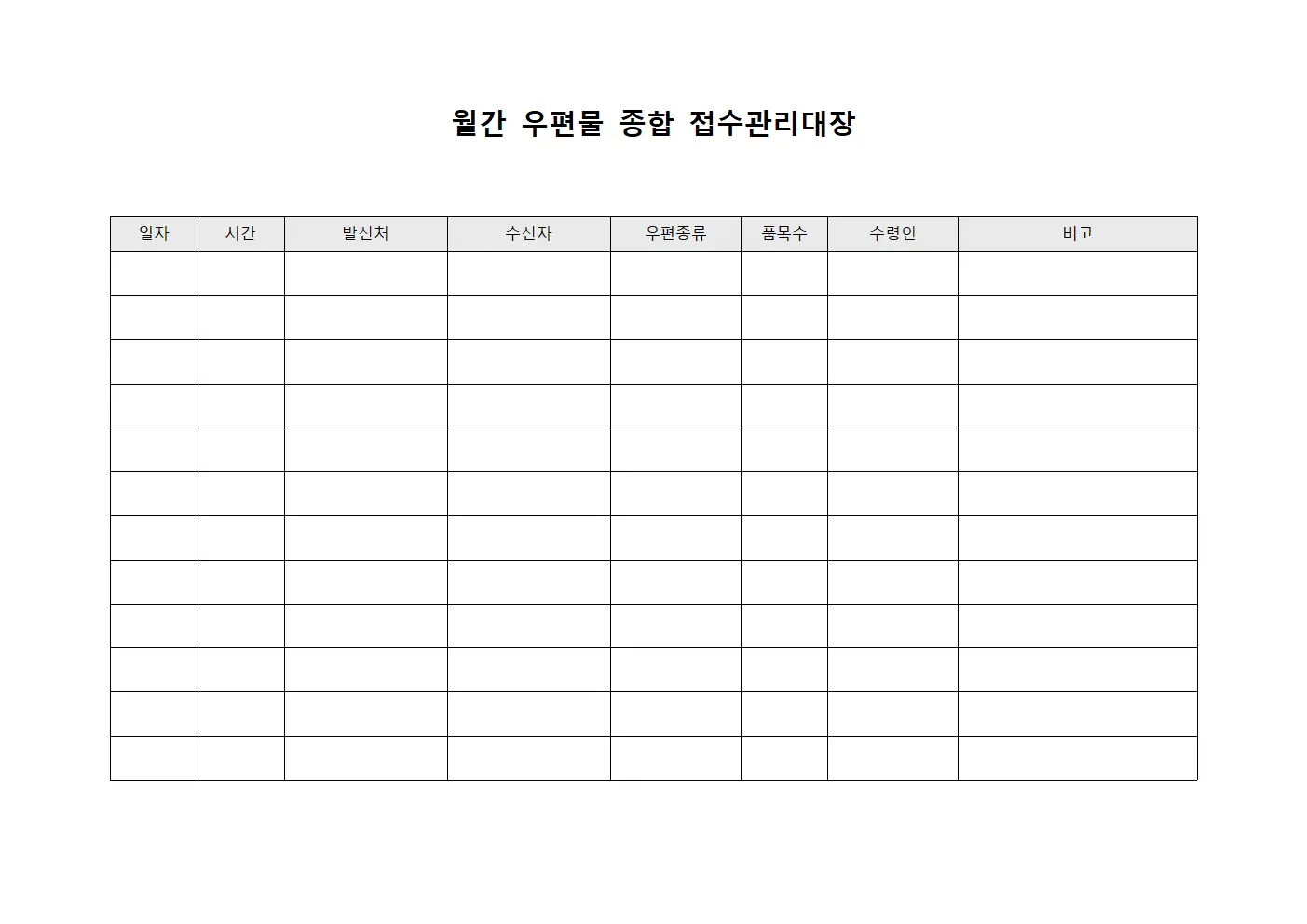 월간 우편물 종합 접수관리대장
