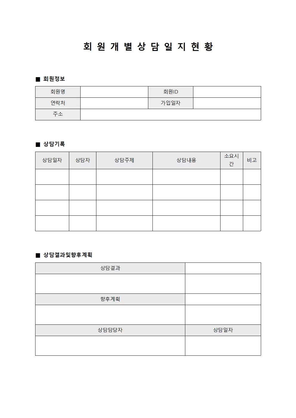 회원 개별상담일지 현황 문서양식