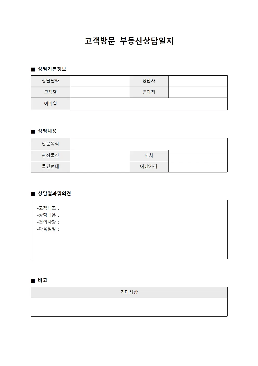 고객방문 부동산상담일지 문서서식