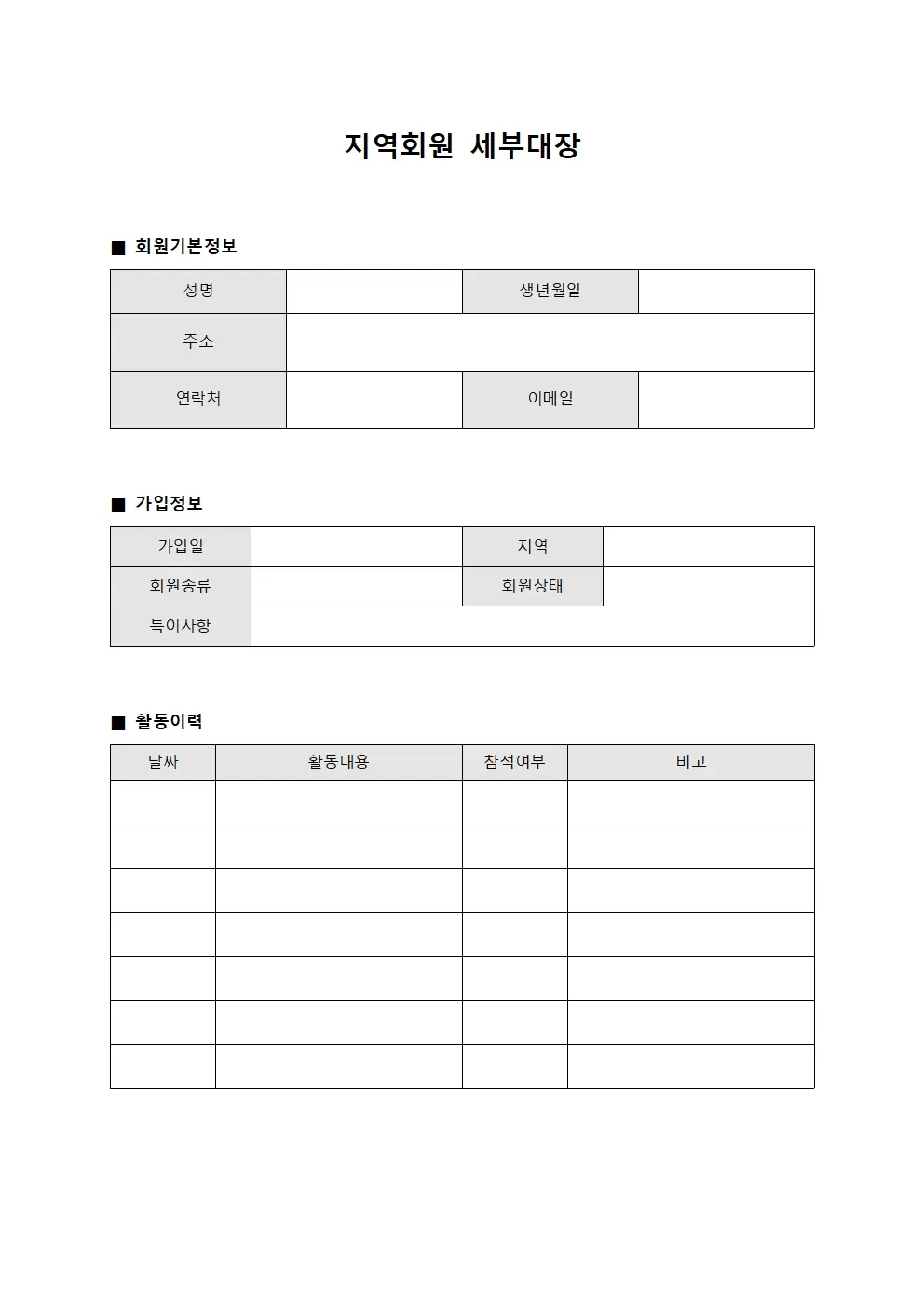 지역회원 세부대장 서식