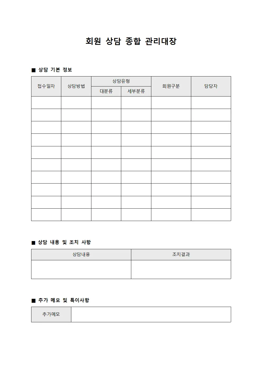 회원 상담 종합 관리대장 문서서식
