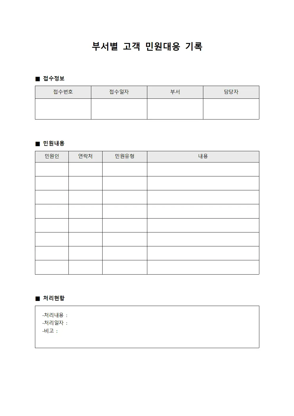 부서별 고객 민원대응 기록 템플릿