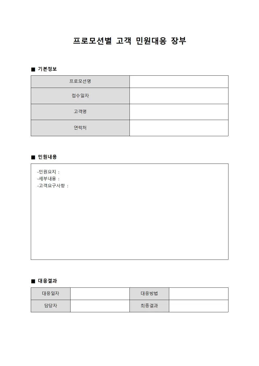 프로모션별 고객 민원대응 장부