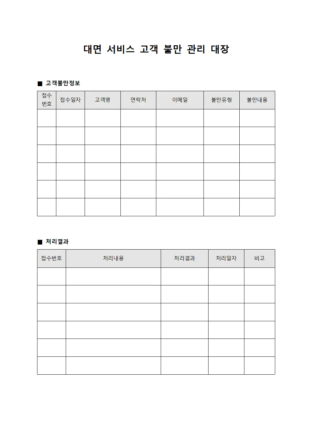 대면 서비스 고객 불만 관리 대장