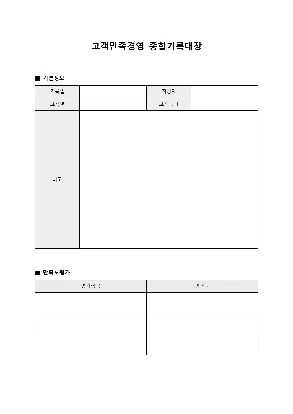고객만족경영 종합기록대장