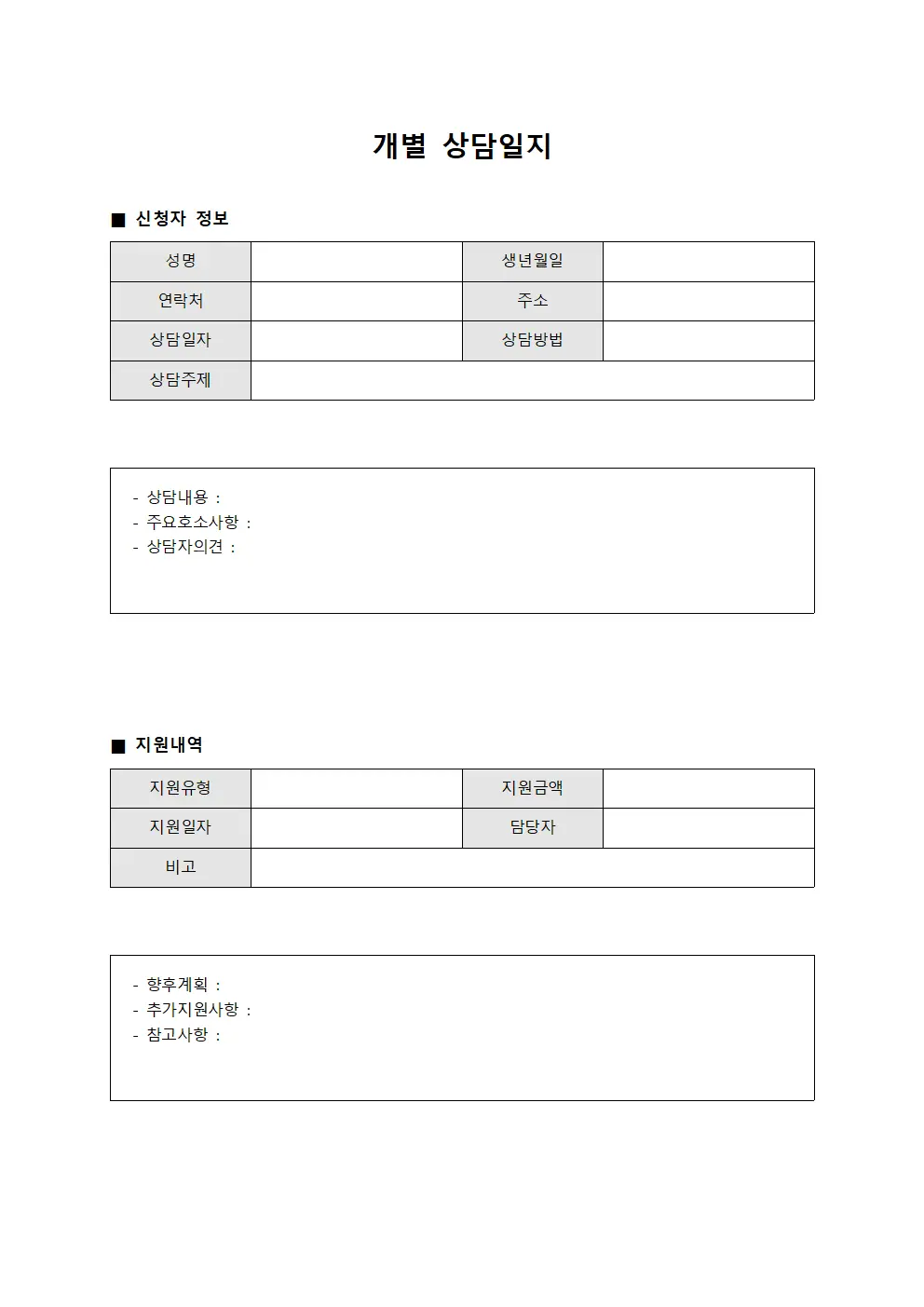 개별상담일지 - 신청자 및 지원내역
