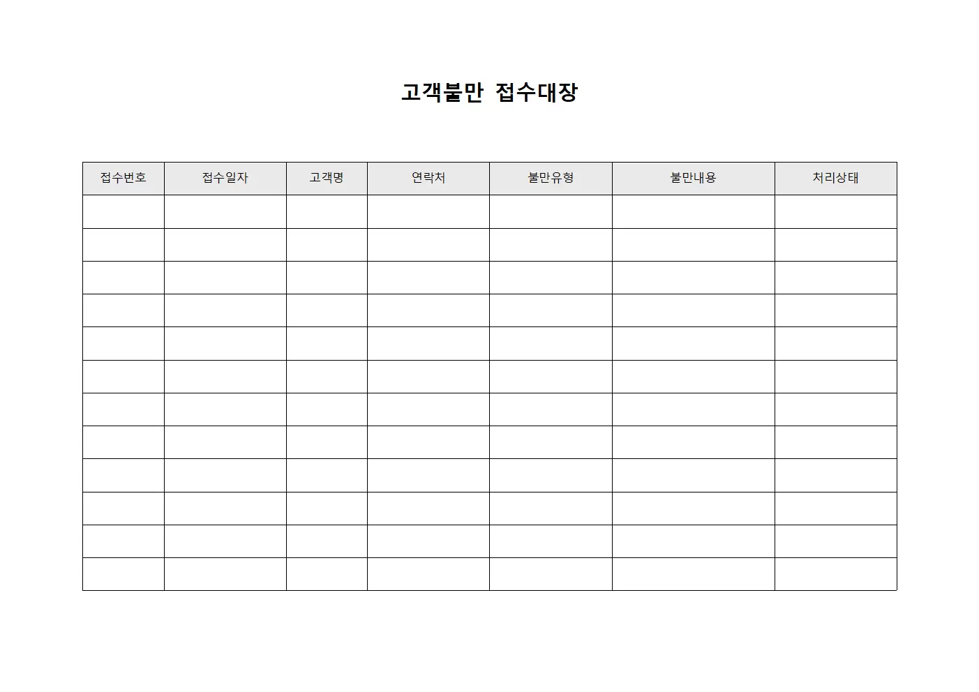 고객불만접수대장 및 처리현황 양식파일