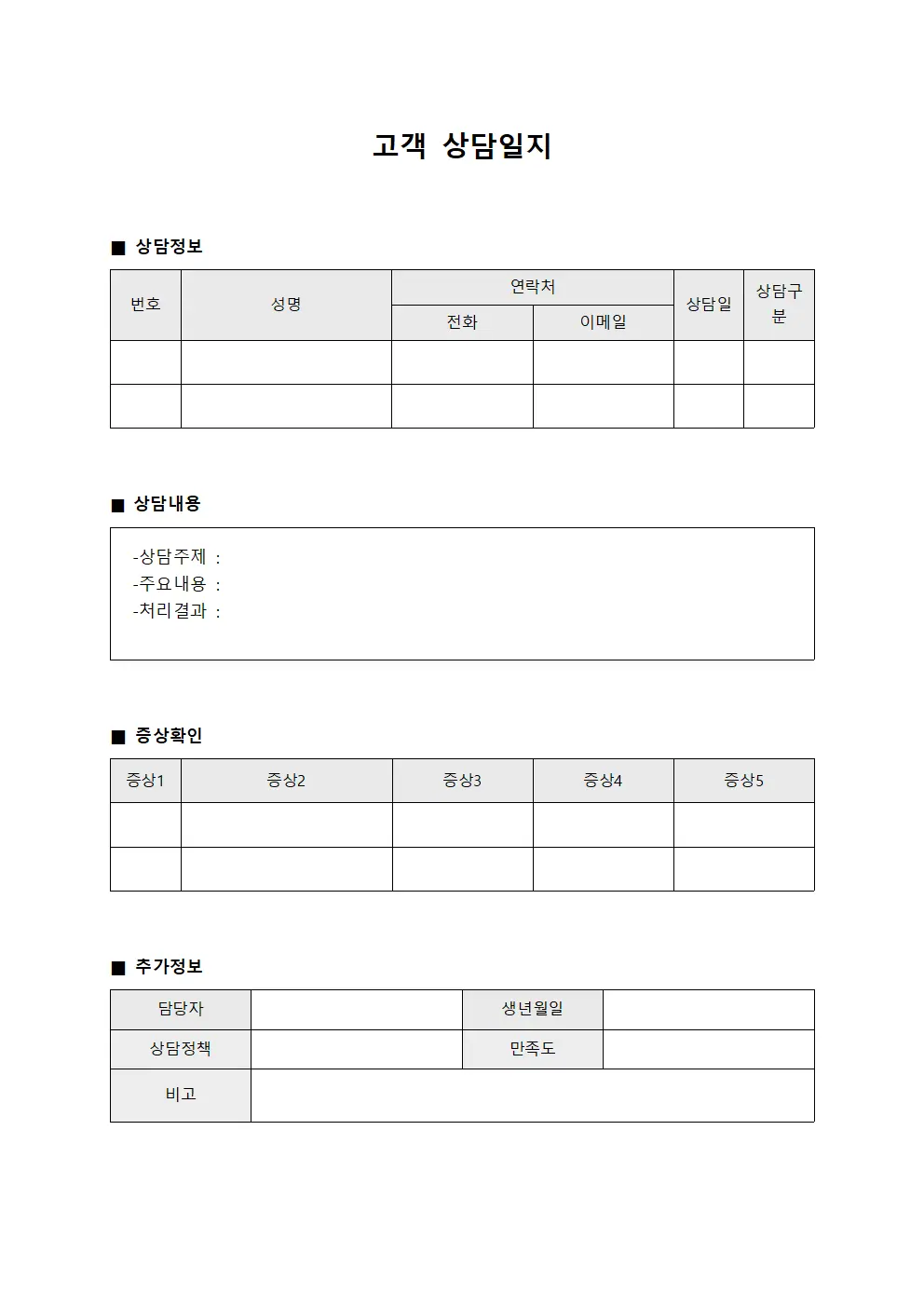 방문객 상담일지 증상확인 문서양식