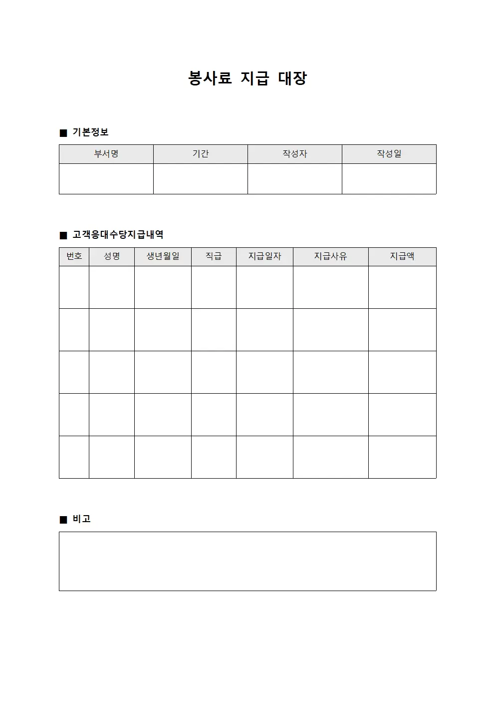 봉사료지급대장 (고객응대 수당지급)