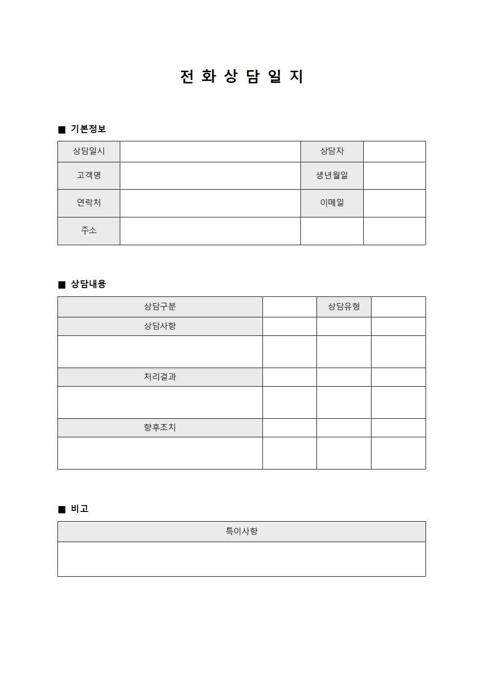 전화상담일지 (일일문의처리)