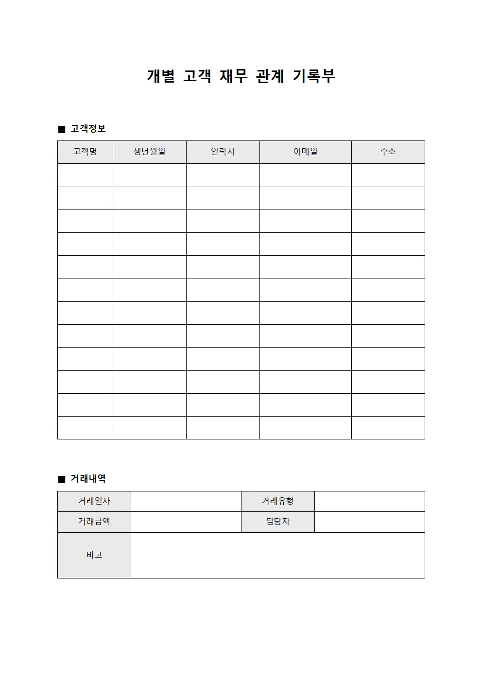 개별 고객 재무 관계 기록부