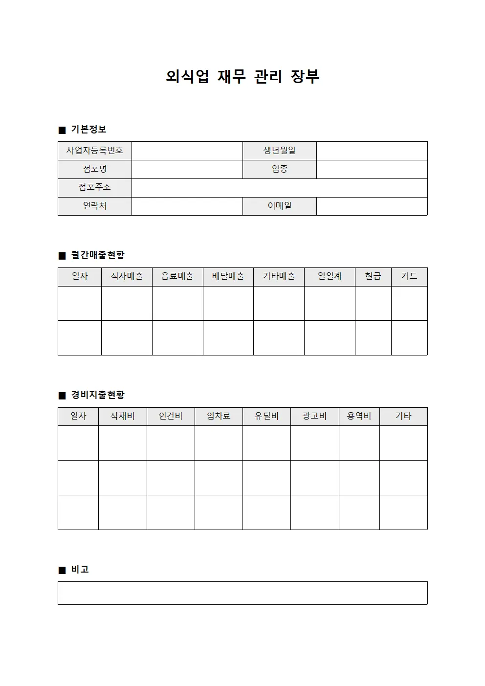 외식업 재무 관리 장부