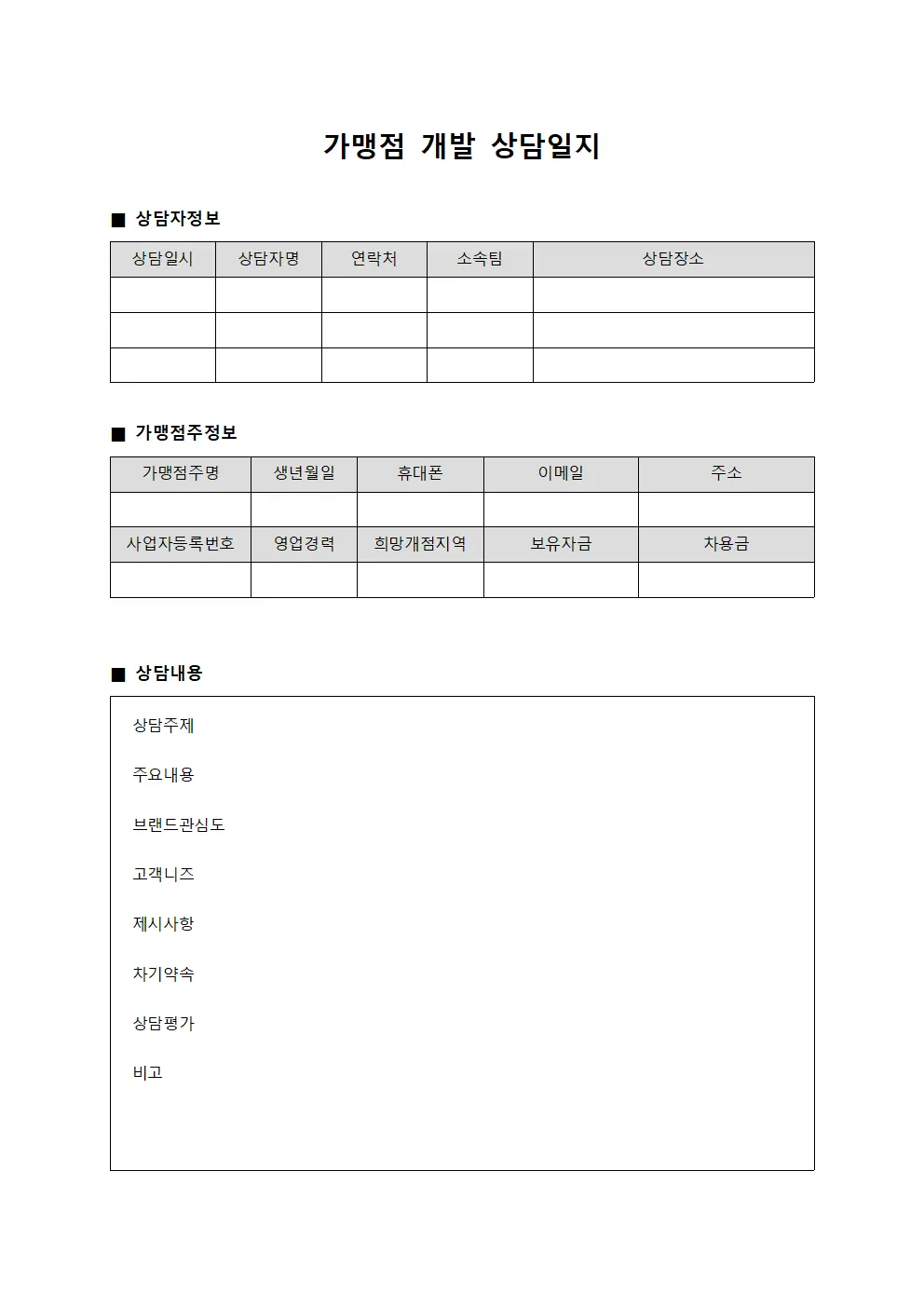 가맹점 개발 상담일지