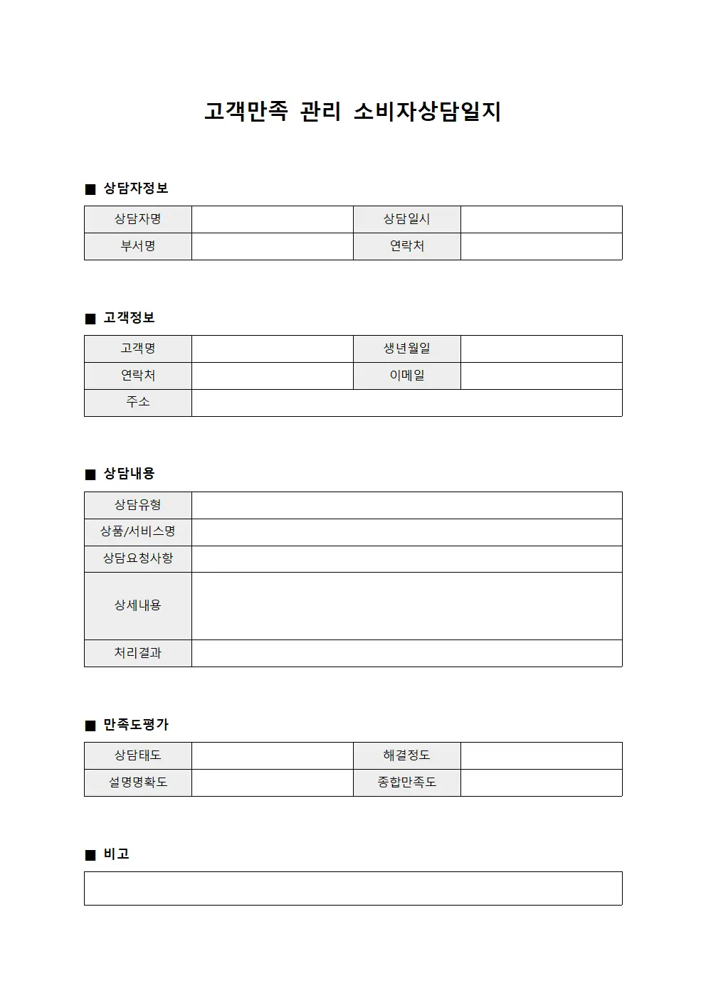 고객만족 관리 소비자상담일지 문서서식