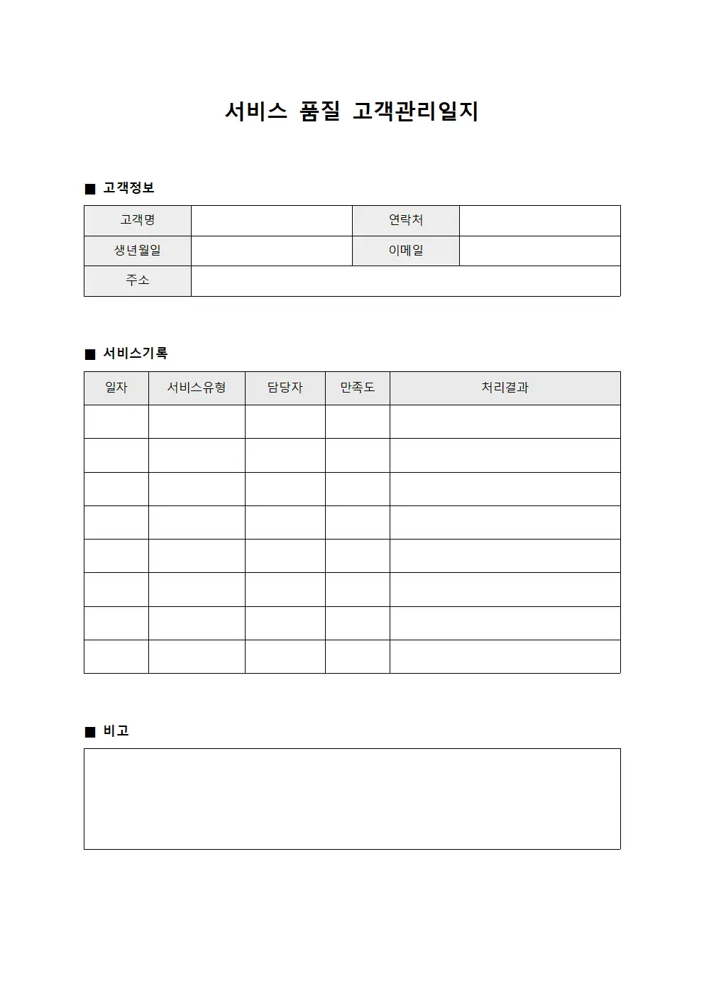서비스 품질 고객관리일지 양식문서