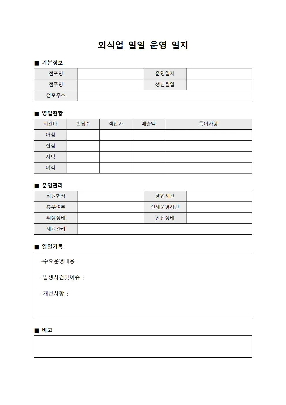 외식업 일일 운영 일지 서식