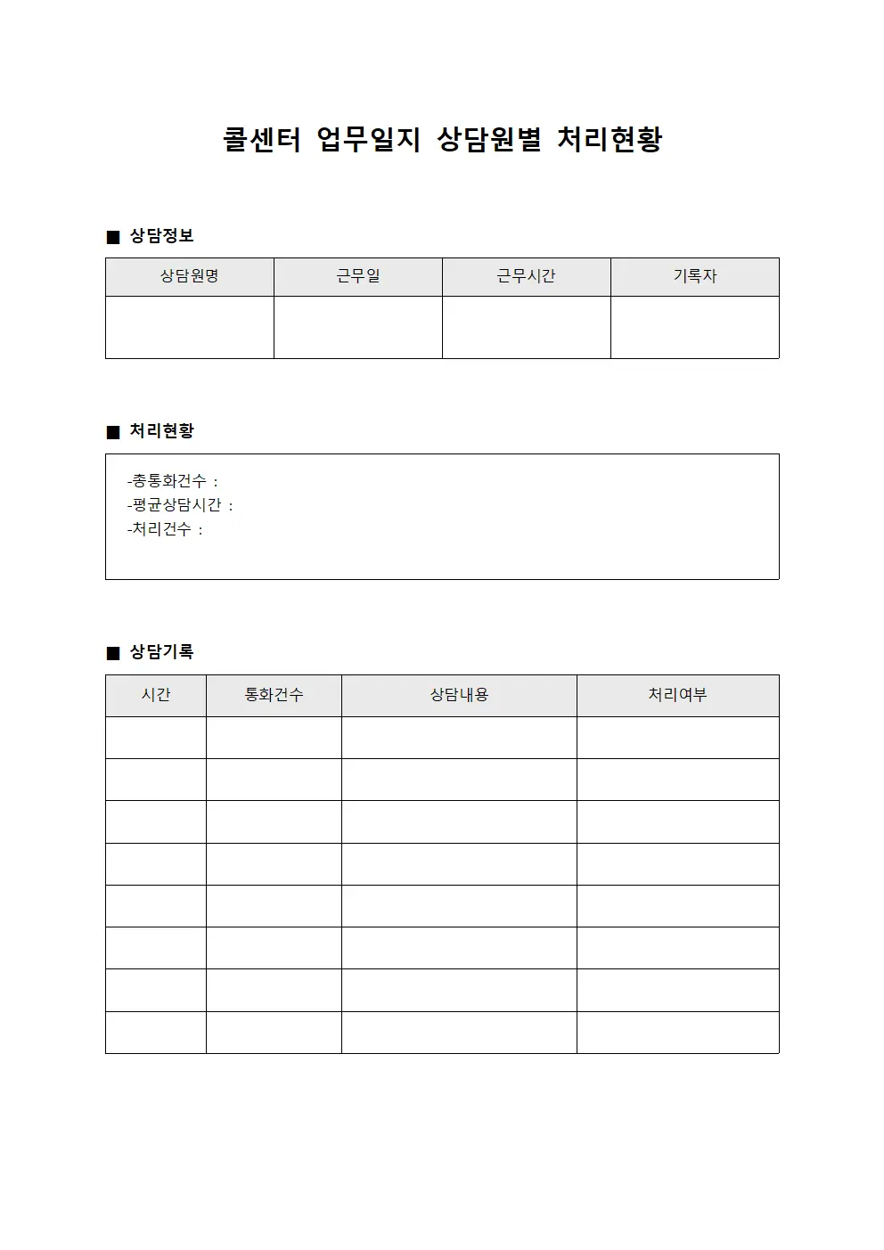 콜센터 업무일지 상담원별 처리현황