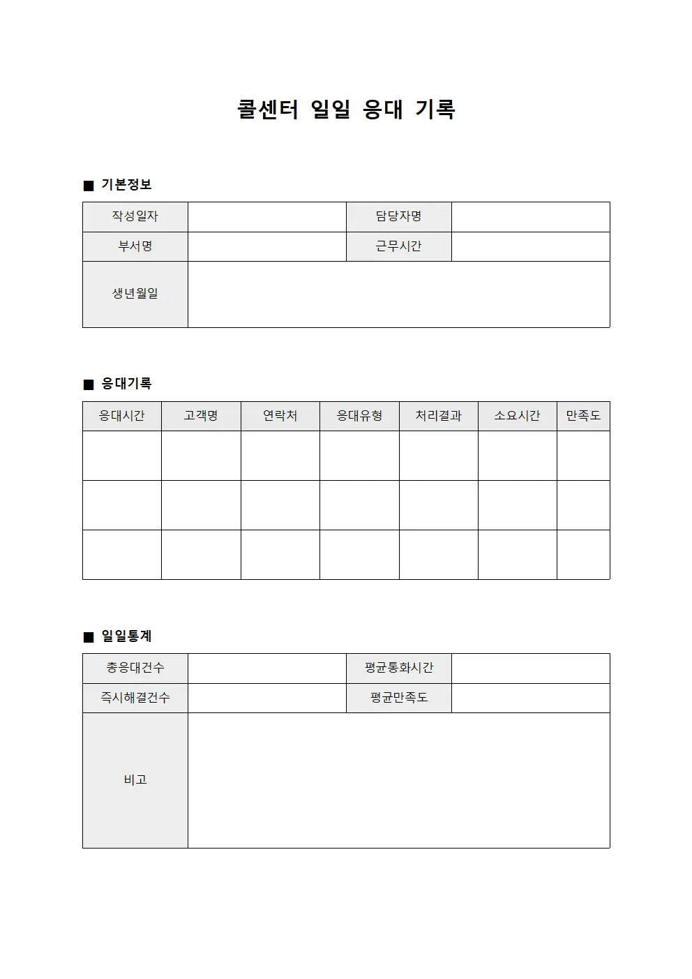 콜센터 일일 응대 기록 양식파일