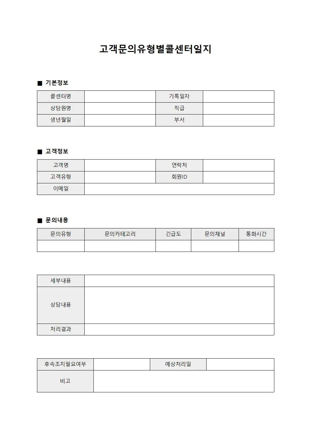 고객문의유형별 콜센터 일지