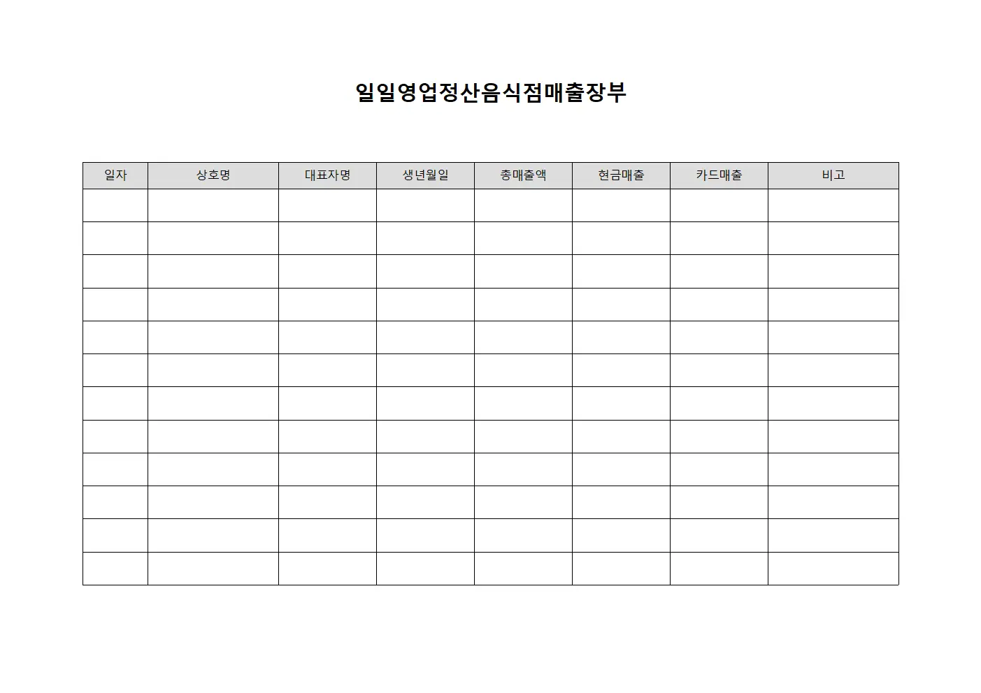 일일영업정산음식점매출장부