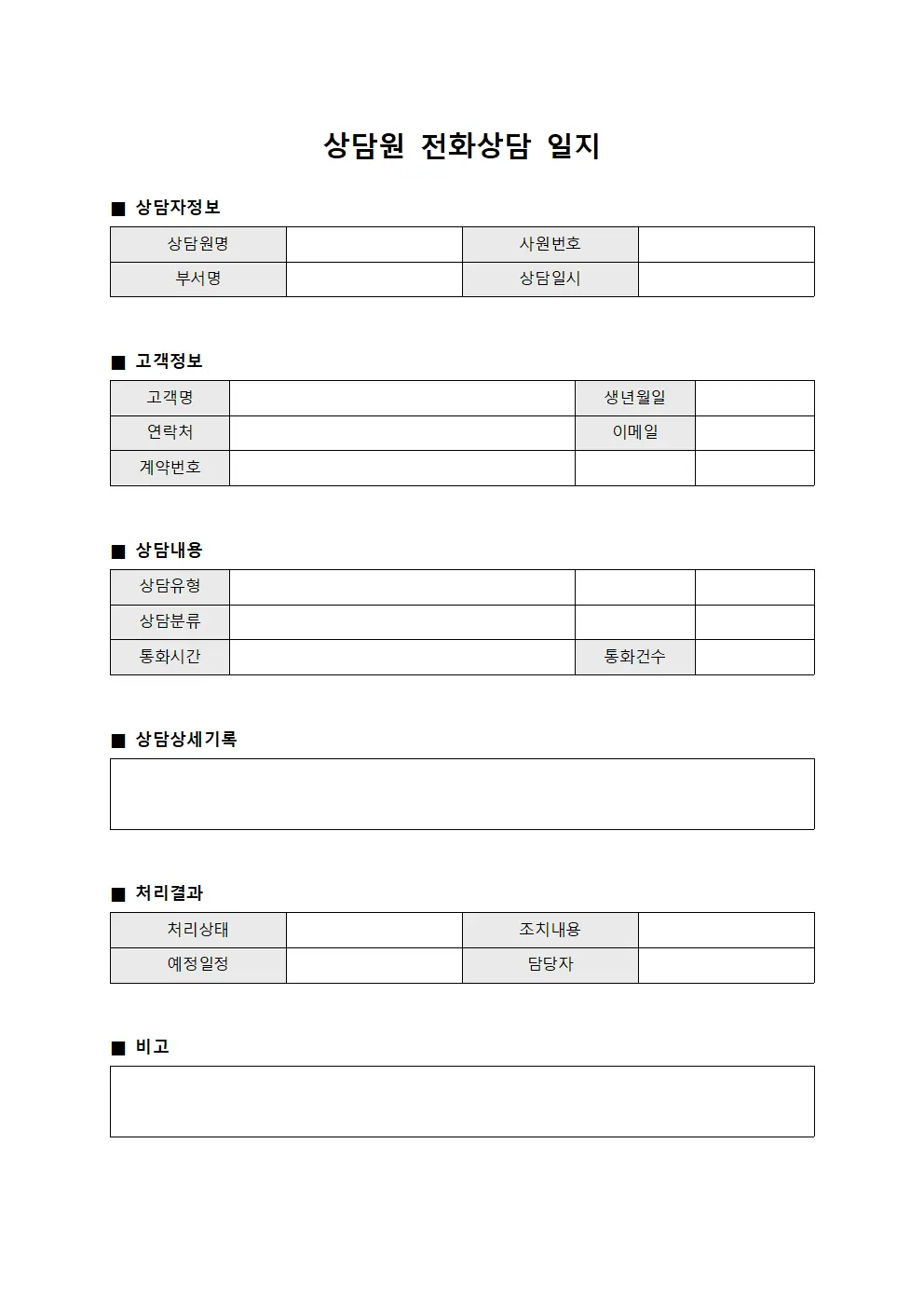 상담원 전화상담 일지