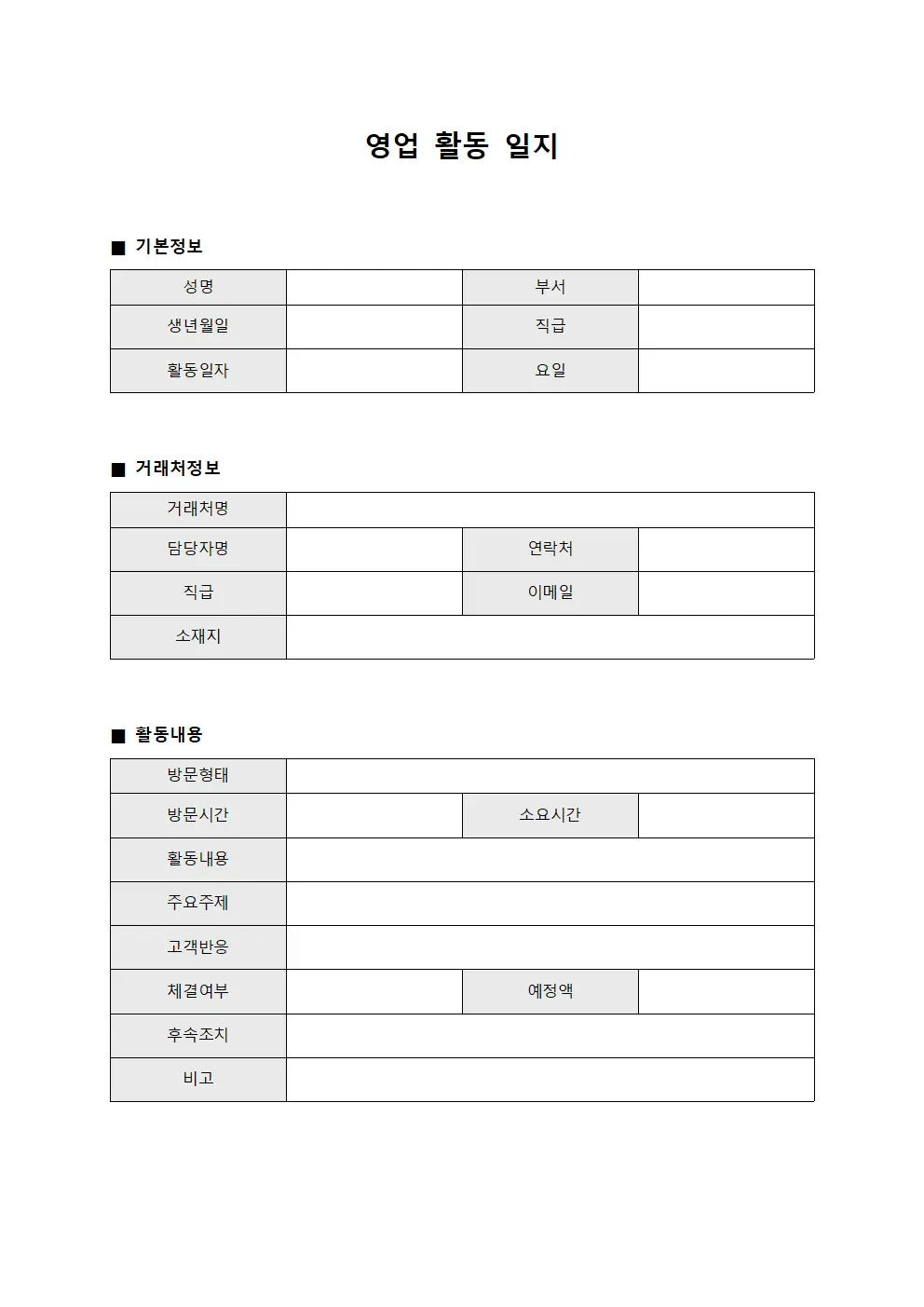 영업 활동 일지 템플릿