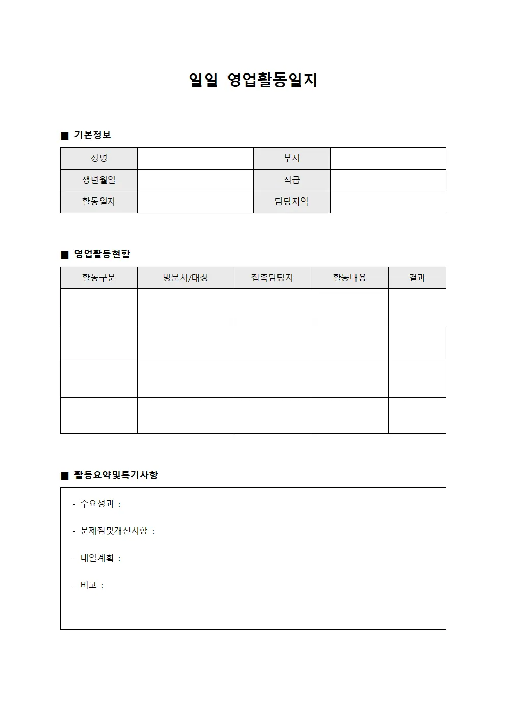 일일 영업활동일지