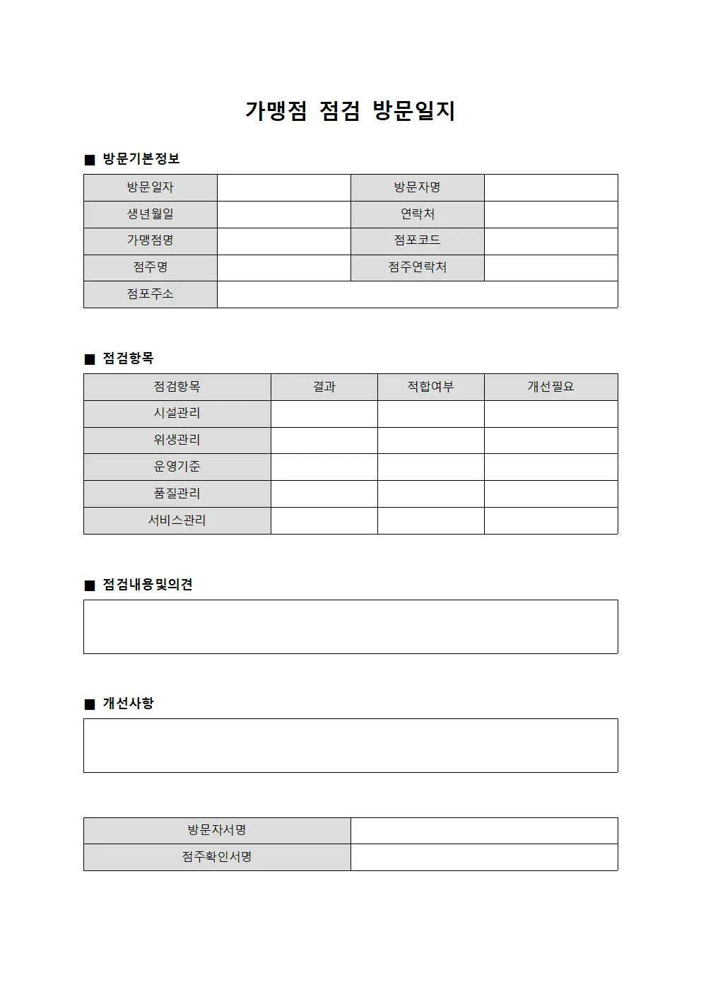 가맹점 점검 방문일지 서식