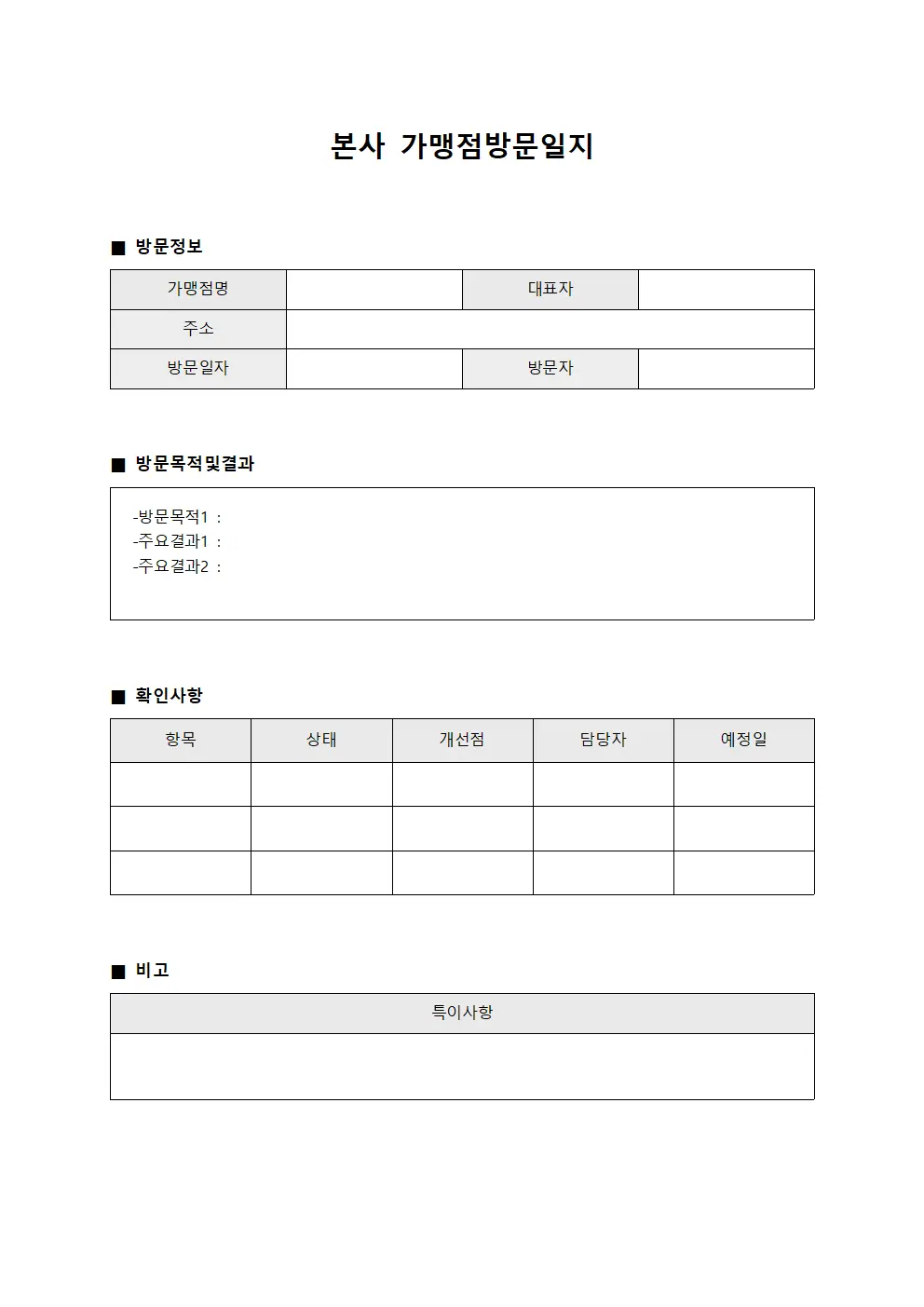 본사 가맹점방문일지 양식문서