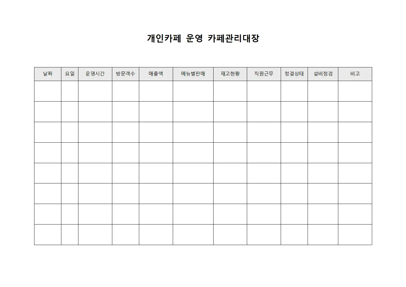 개인카페 운영 카페관리대장 양식파일