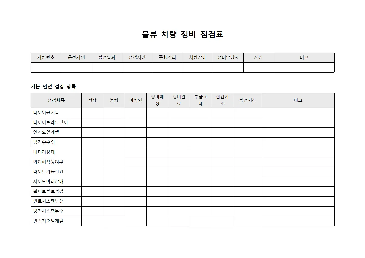 물류 차량 정비 점검표