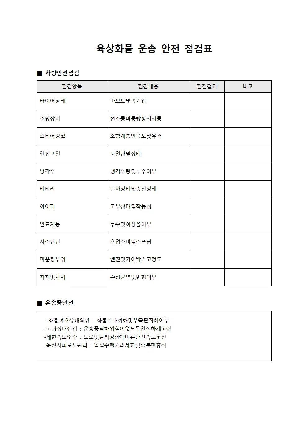 육상화물 운송 안전 점검표