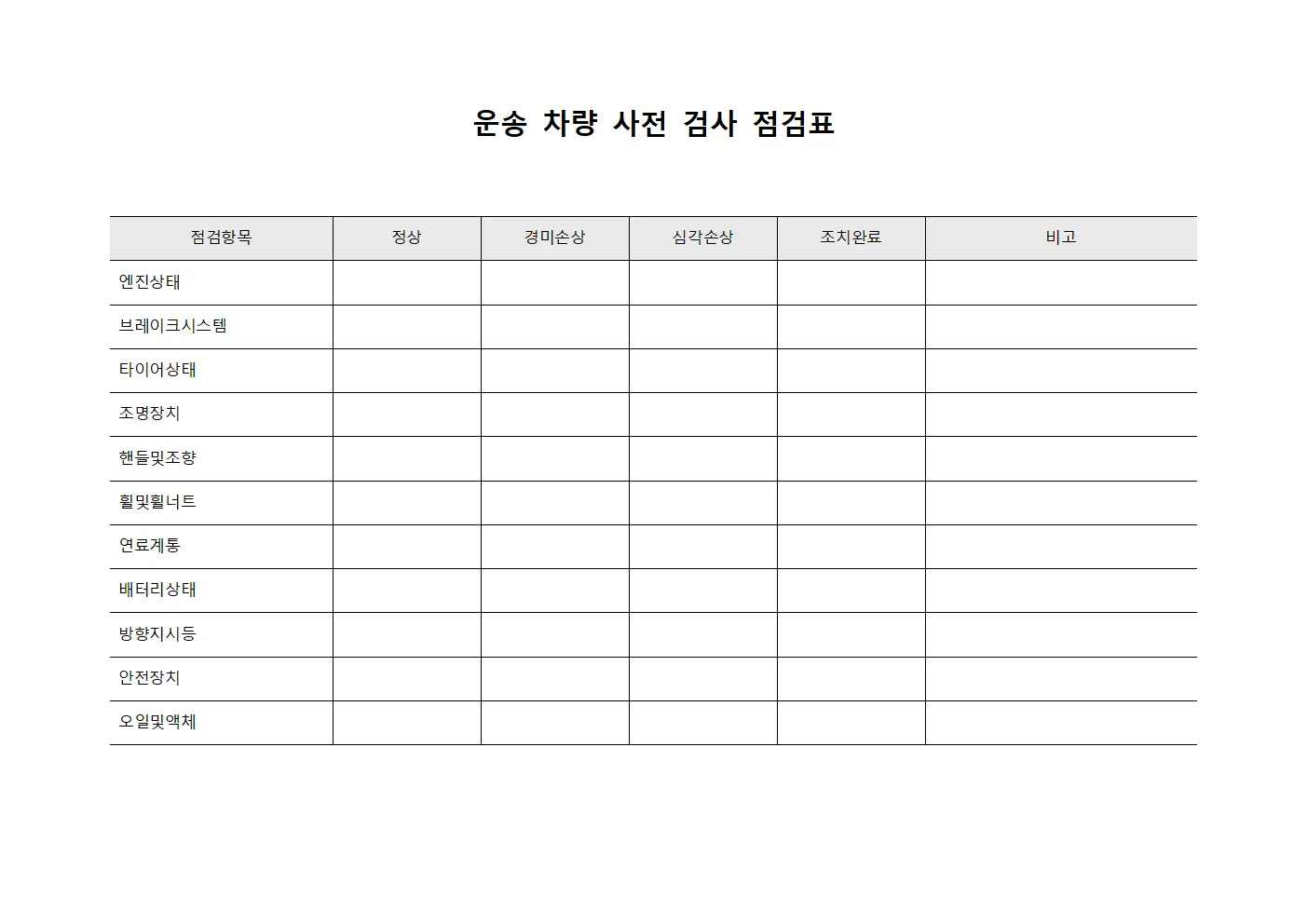 운송 차량 사전 검사 점검표