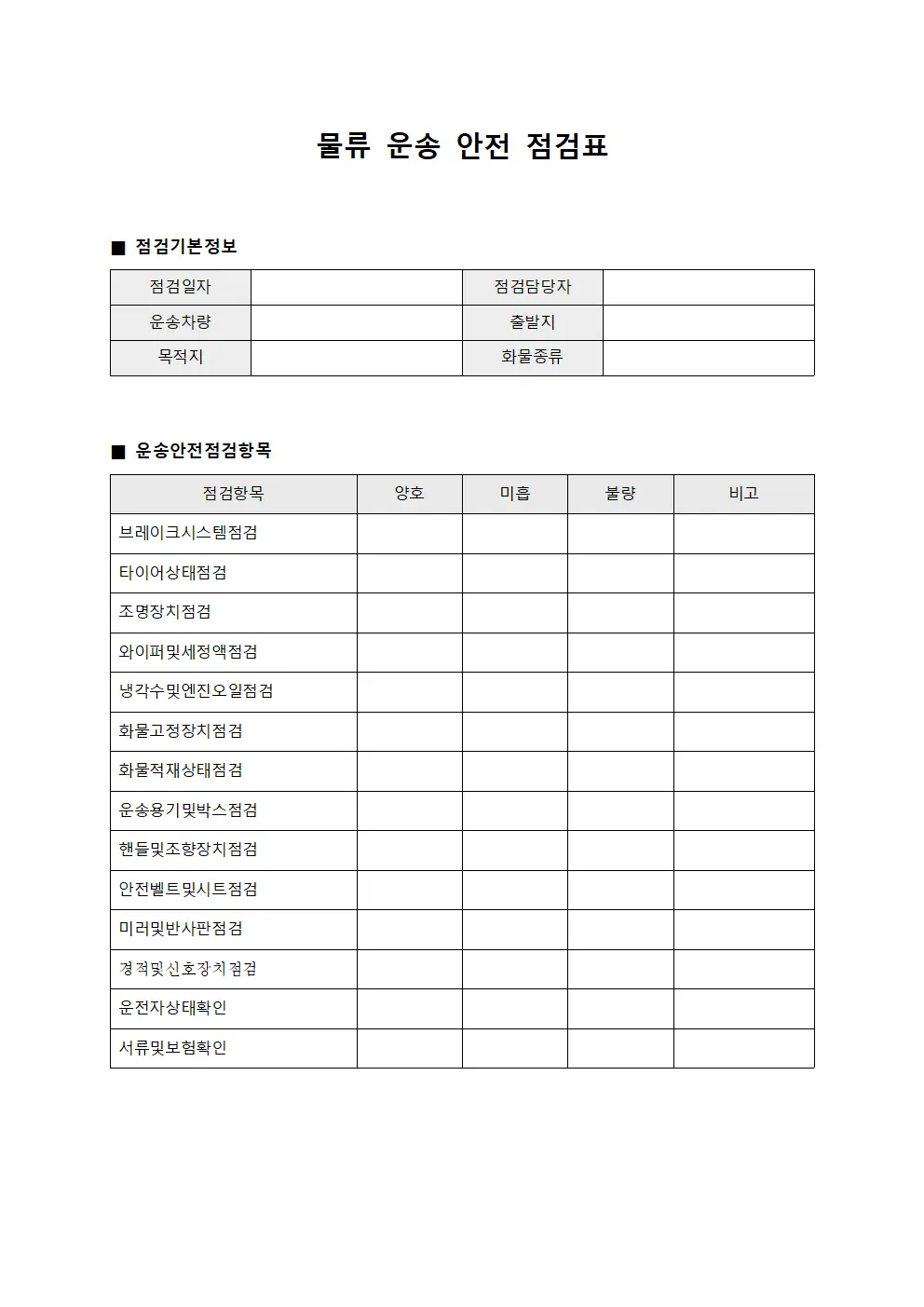물류 운송 안전 점검표